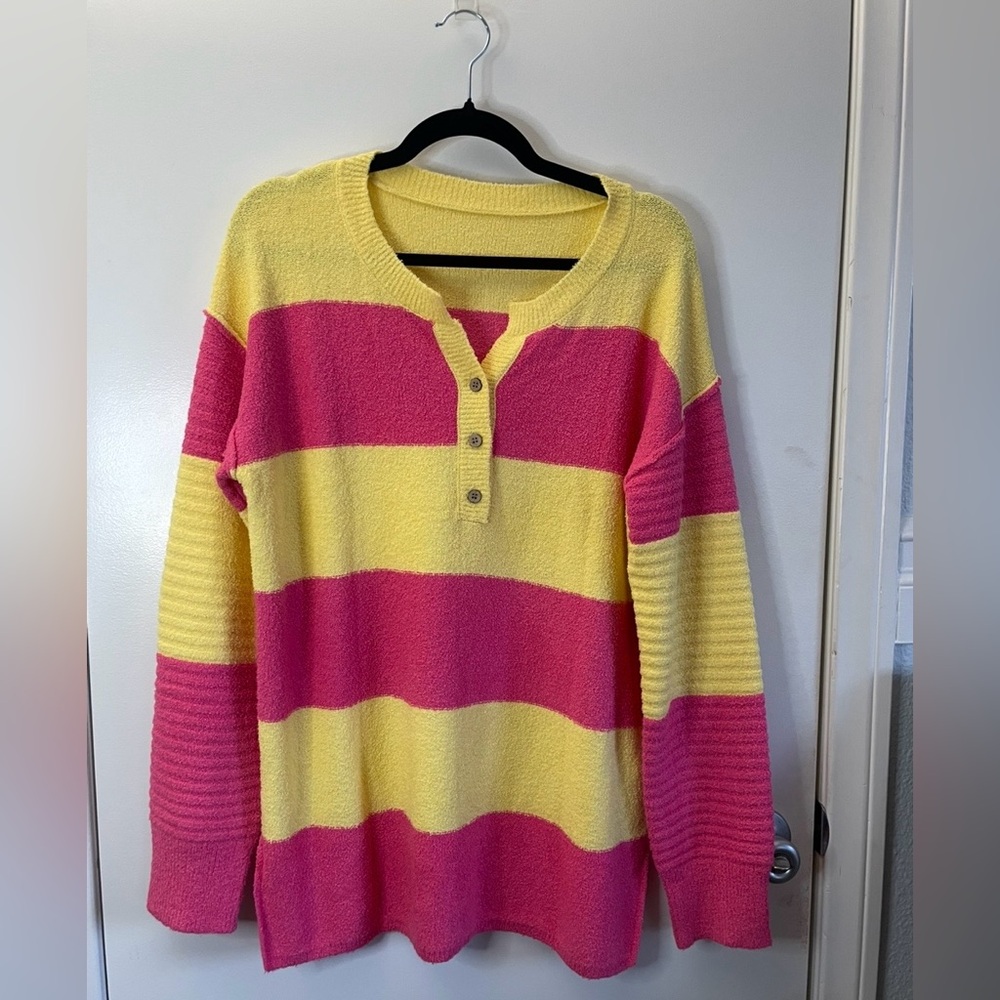 NWOT Vibrant Pink and Yellow Striped Women's Sweater